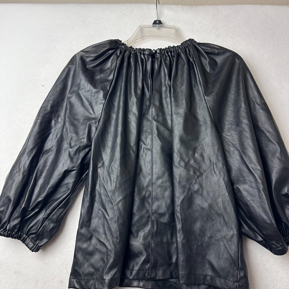 Who What Wear Black Faux Leather Puff Sleeve Blouse Top Medium Gathered Neck